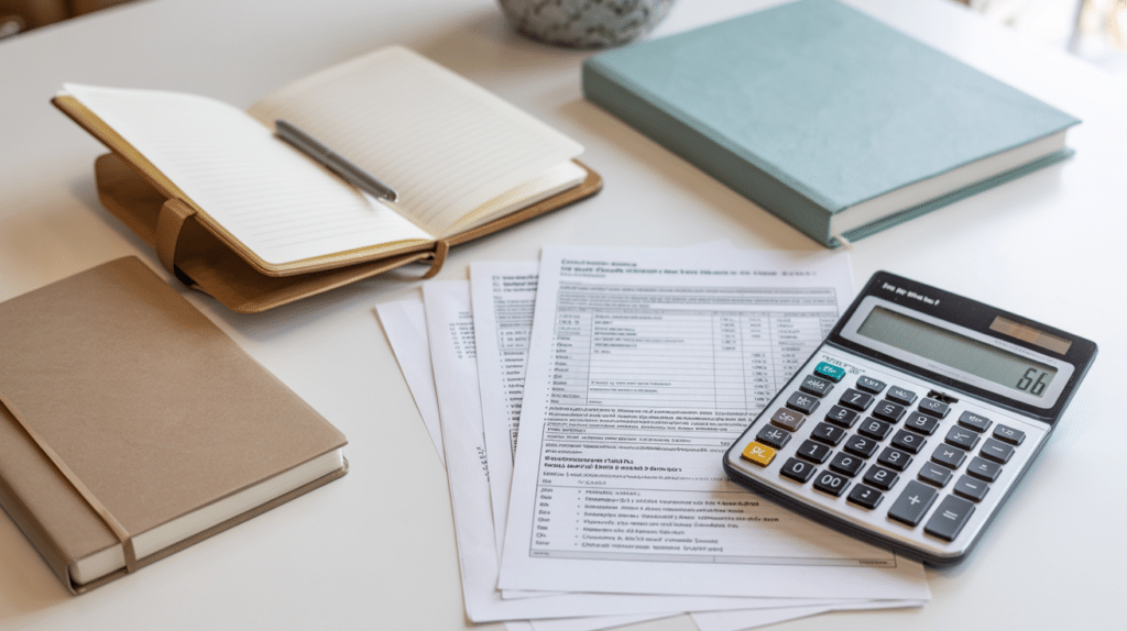 A calculator showing the number 66 rests on financial documents—ideal for exploring retirement income strategies—next to closed notebooks and an open journal with a pen on a white desk.