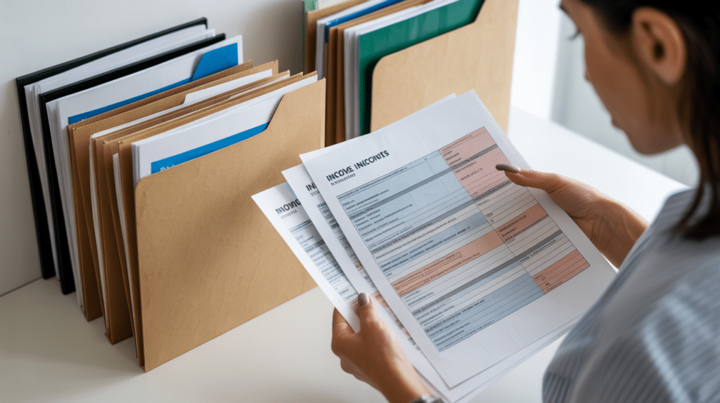 A person holds and reviews printed invoices at a desk, focusing on retirement income strategies. Several organized file folders and documents are neatly arranged in a holder nearby.