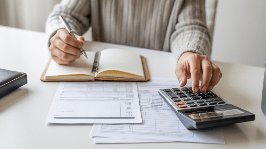 A person uses a calculator and writes in a notebook while reviewing financial documents on a white desk, suggesting they are working on budgeting or exploring retirement income strategies.
