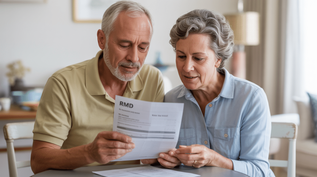 An older couple sits together at a table, closely reading a document labeled RMD. Focused and engaged, they discuss retirement income strategies with papers spread out before them in a well-lit, cozy living room.