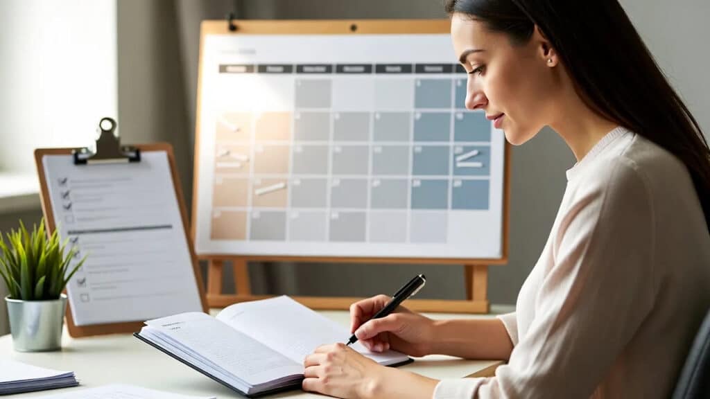 A woman sits at a desk, writing in a notebook. A large calendar and clipboard with papers are in the background. A small green plant and a pen are nearby, suggesting planning or studying financial education topics.