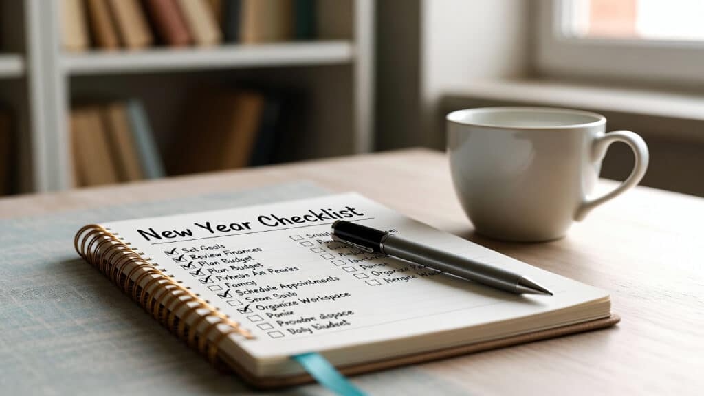 A pen rests on a New Year Checklist notepad beside a mug on a table. The checklist includes goals like saving money, planning a budget, paying off debt, and learning about financial education. Bookshelves are in the background.
