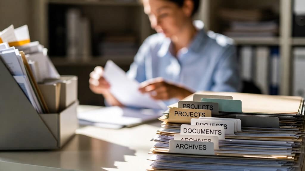 A person sits at a desk sorting papers, with organized folders labeled "Projects," "Documents," and "Archives" in the foreground—tools often used when learning about financial education. The background is softly blurred, focusing on the files and paperwork.
