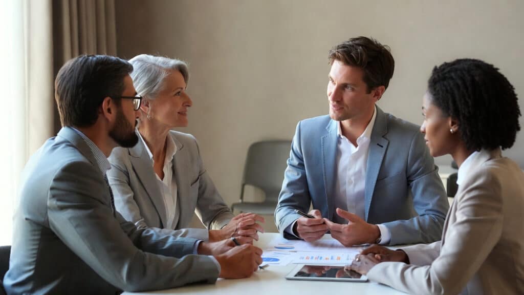 Four business professionals sit around a table in discussion, wearing formal attire. Documents and a digital tablet with charts and graphs are on the table as they engage in a meeting about mortgage services.