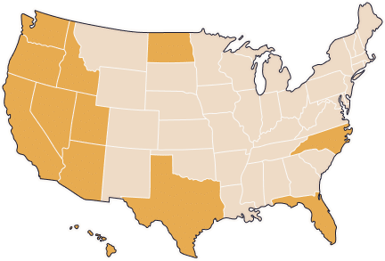 Map of the United States with the States, Washington, Oregon, California, Colorado, Nevada, Arizona, North Dakota, Texas. Florida and North Carolina shaded in Orange.