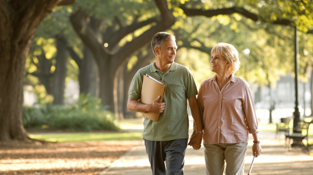 An older couple walks hand-in-hand down a tree-lined path in a park, smiling at each other. The man carries a folder, and the sun filters through the leaves, creating a peaceful, pleasant atmosphere.