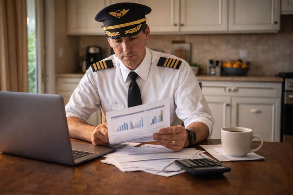 A pilot in uniform sits at a kitchen table reviewing financial planning for pilots, surrounded by charts, documents, a laptop, calculator, and a coffee mug.
