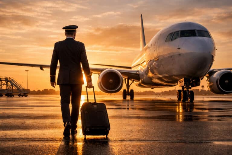 A pilot in uniform walks across a wet tarmac at sunrise, pulling a rolling suitcase—reminding us how financial planning for pilots is as essential as their journey toward the glowing airplane ahead.